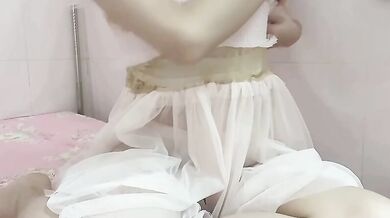 Poor breast girl stripping and masturbating on the bed 1