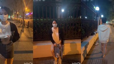 深夜上海街頭戶外大膽露出，小姐姐大眼睛水靈靈超有氣質，便利店脫光光露白虎茓