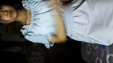 Blue dress, white bra, red underwear, undressing