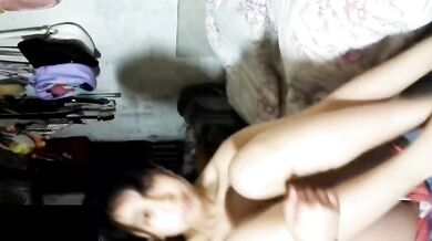 Blue dress, white bra, red underwear, undressing