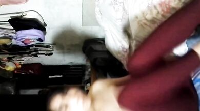 Blue dress, white bra, red underwear, undressing