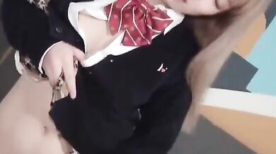 Japanese school girl in school uniform blowjob sex