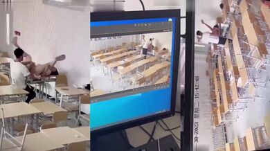 煙台黃金職業學院大瓜公開，情侶在教室課桌上大玩性愛，先舔後幹激情四射，辣眼睛啊