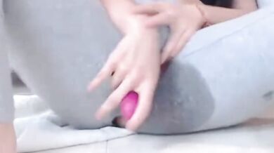 Tearing open yoga pants to masturbate and climax with squirting