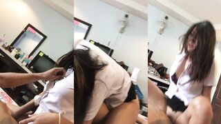 Thai Schoolgirl in Uniform Rides on Boyfriend's Back
