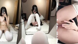 Flat-Chested Schoolgirl in White Stockings Posing Before Mirror