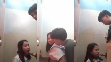 Young girlfriend and boyfriend students have sex in school bathroom
