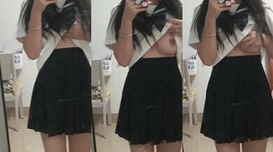 JK girl shows her pussy and tits to the mirror