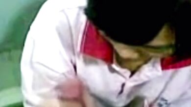 Sinh viên cho bạn trai của mình một thổi kèn và một handjob trong nhà vệ sinh