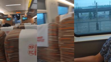 A couple with a big order has oral sex on the high-speed train