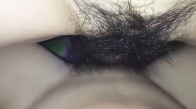 No condom fucking a small titted girl's hairy pussy