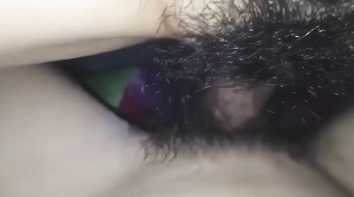 No condom fucking a small titted girl's hairy pussy