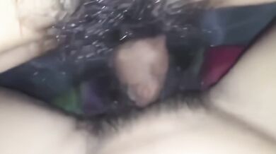 No condom fucking a small titted girl's hairy pussy