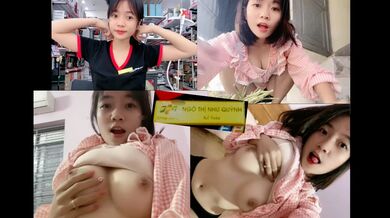 A cute clerk in a famous mobile phone store is topless